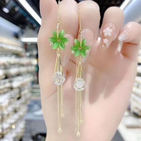 ZIRCON STONE & STAINLESS STEEL GREEN EARRINGS -EC- 701